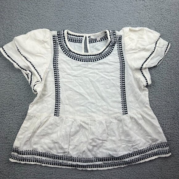 Loft Blouse Boho Hippie White Black Embroidered Flutter Sleeve Peplum Linen XS - Picture 1 of 9